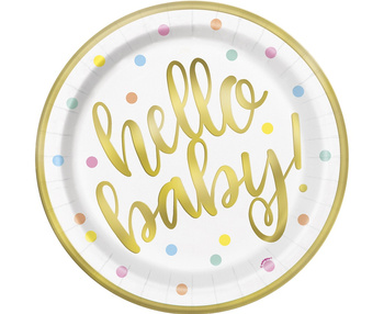Talerzyki papierowe Hello Baby, złote 23cm/8szt